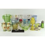 A collection of vintage glassware, including coloured glass vases, an Art Deco dish,