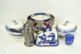 A group of blue and white ceramics, including two "Cardigan" lidded tureens,