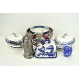 A group of blue and white ceramics, including two "Cardigan" lidded tureens,