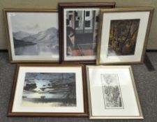 A group of five prints, all framed and glazed,