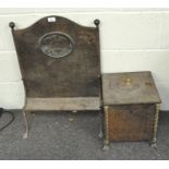 A metal fire screen together with a brass and metal log box