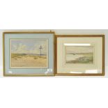 Two 20th century watercolours of the coast, one with a boat, mounted and framed,