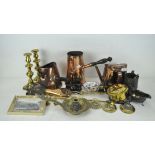 A parcel of copper, brass and EPNS, including, candlesticks, binoculars, kettles,