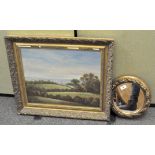 An oil painting on board, indistinctly signed to bottom left, landscape, gilt framed,