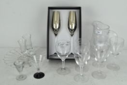 Assorted glassware, including six "Schott" wine glasses,