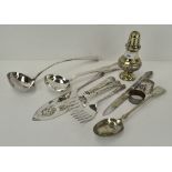 A group of silver plated wares, including fish serving knife and fork and a sugar castor,