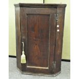 A Georgian oak corner cabinet, the single door opening to reveal two single shelves,