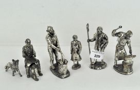 Five pewter figures, each depicting traditional craftsmen,
