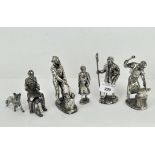 Five pewter figures, each depicting traditional craftsmen,