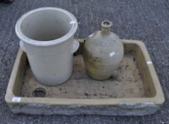 A Belfast sink, a stoneware flagon and a stoneware pot,