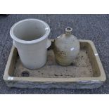 A Belfast sink, a stoneware flagon and a stoneware pot,