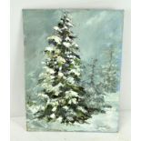 Michalski, Fir trees in a snowy scene, oil on board, signed and dated 1984,