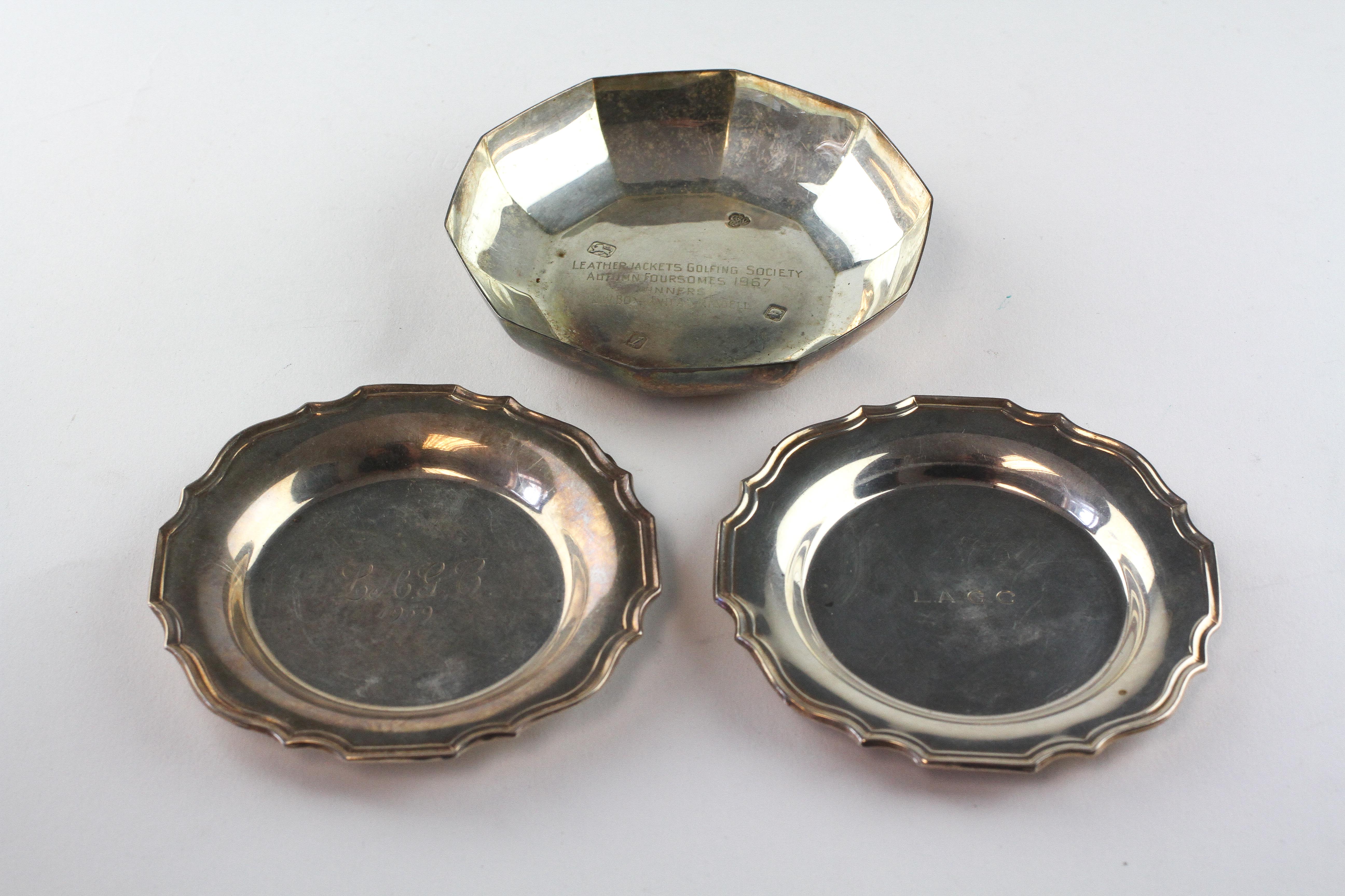 Two silver pin dishes, together with another silver dish, the two hallmarked for Birmingham 1954,