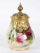 A Royal Worcester blush ivory lobed baluster pot pourri decorated with roses,