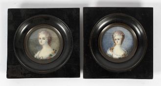 Nattler on pair of painted miniatures of ladies in 18th century costume,