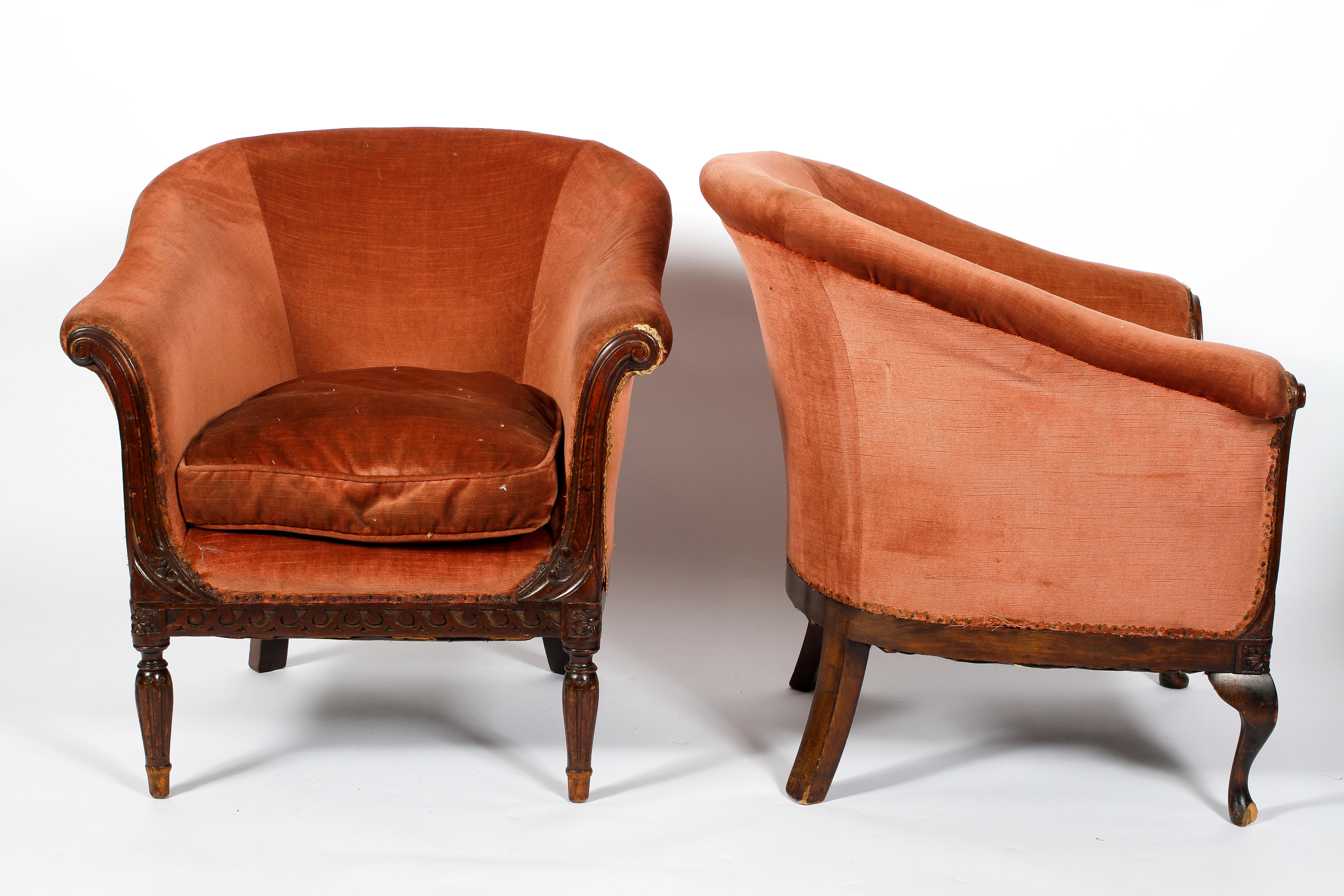 A matched pair of Edwardian tub chairs, each upholstered in salmon pink velvet, with scroll arms, - Image 2 of 2