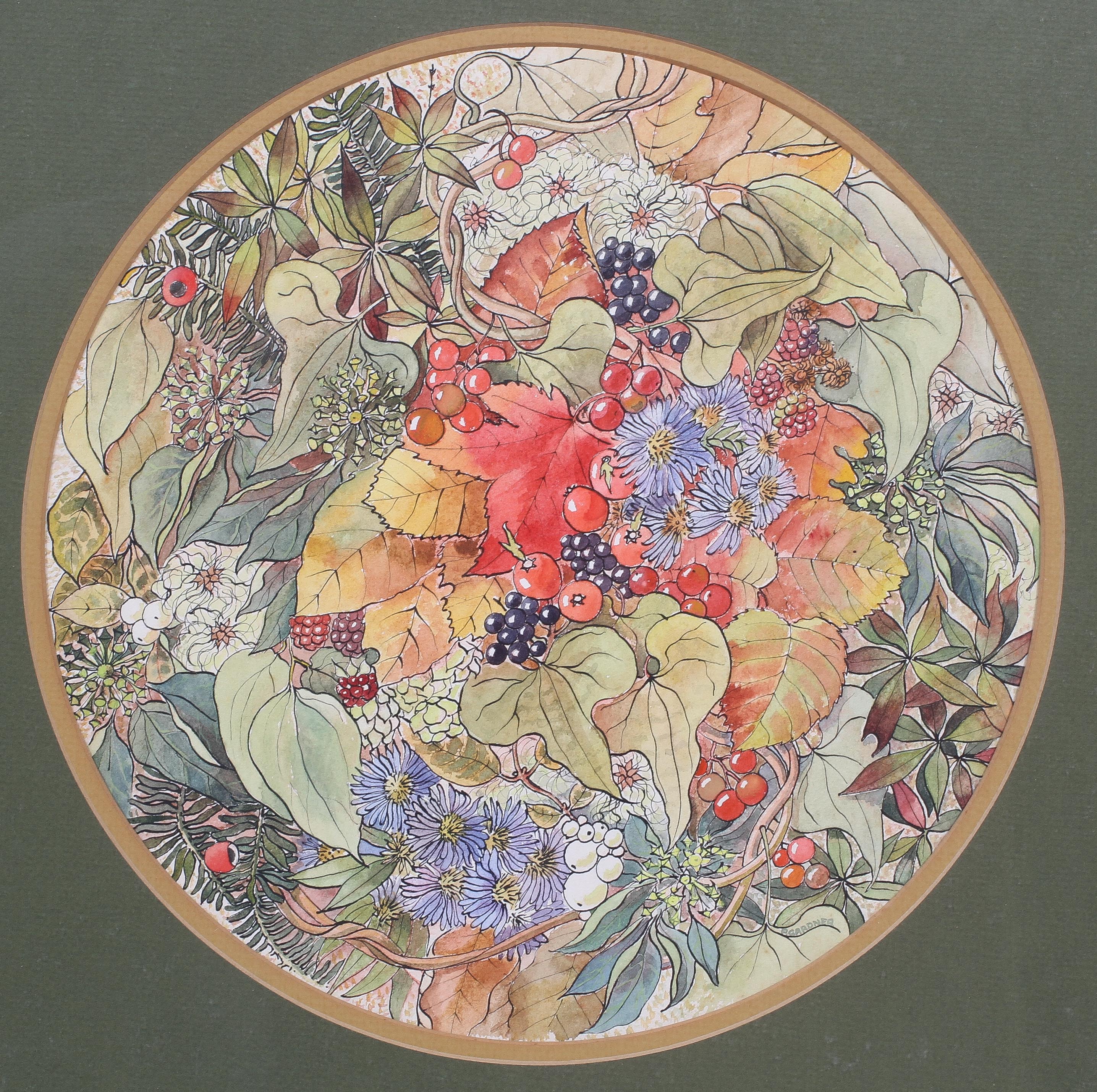 R Gardner, a pair of watercolours of bouquets of flowers, one with autumnal fruits and flowers, - Image 3 of 3