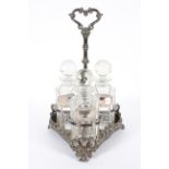 A Victorian silver plated three decanter stand and three glass decanters,