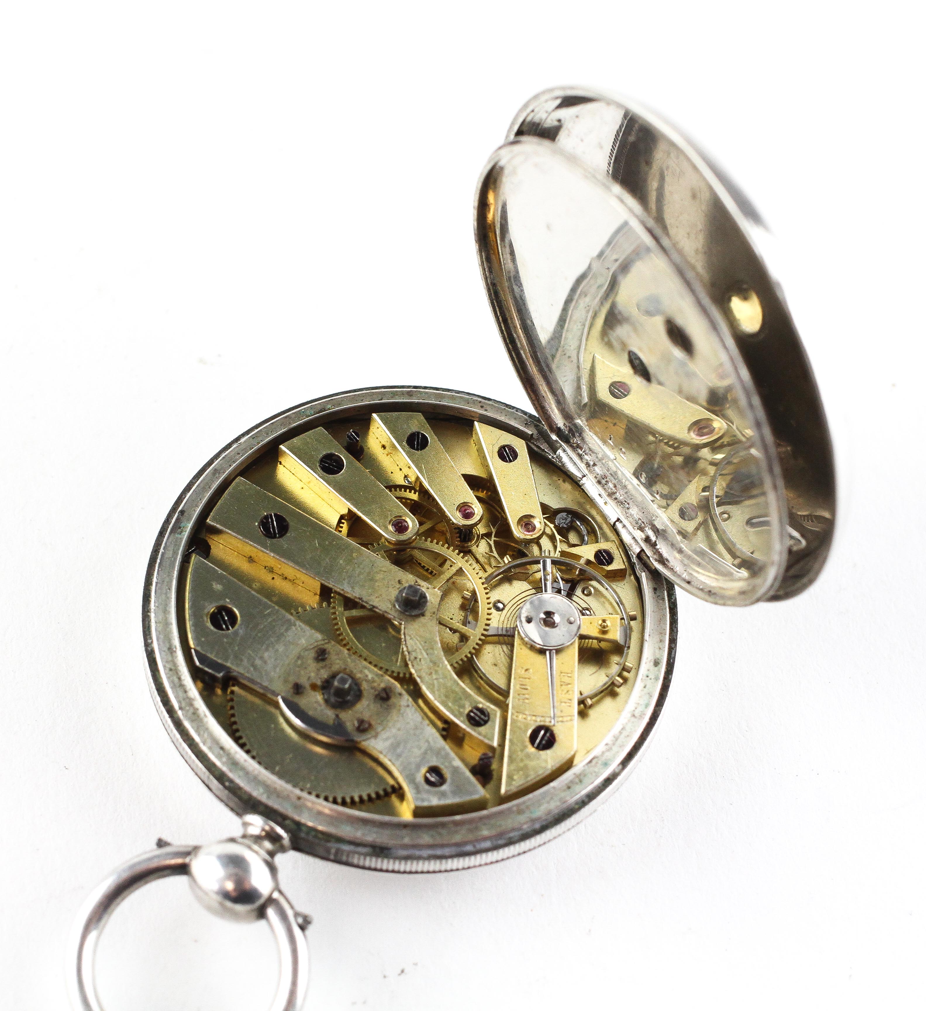 A large open face pocket watch. Circular white dial with roman numerals. Key wound movement. - Image 2 of 2