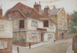 A pair of watercolours of traditional Victorian street scenes signed LS monogram lower right,