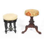 A Victorian walnut piano stool, with adjustable button seat and tripod base,