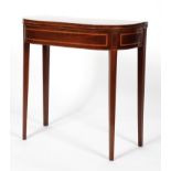 A George III mahogany D-shaped folding tea table, cross banded in satinwood, to the top and frieze,