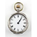 A mid size open face pocket watch. Circular white dial with roman numerals.