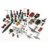 A collection of die cast vehicle accessories, various makers, comprising signs, figures, aeroplanes,