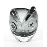 A mid century grey glass vase in the form of a stylised owl, with air bubbles,