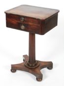 A Victorian mahogany work table, on pedestal base, late 19th century, with two frieze drawers,