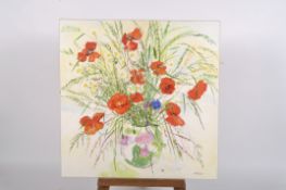 Romey Brough, Oil on canvas, Still life of Poppies, Cornflowers and Grasses,