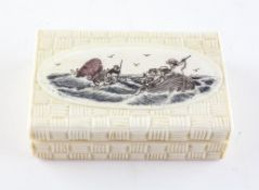 A Victorian carved bone snuff box with hinged scrimshaw top,