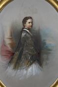A Victorian watercolour and gouache portrait of a lady standing before balustrading,