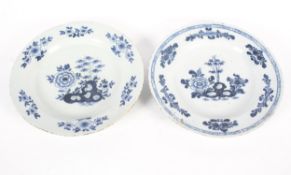 A near pair of English delftware blue and white chargers, circa 1760, London or Bristol,