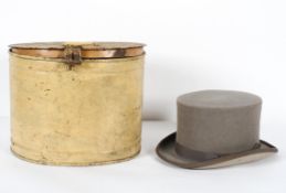 A vintage Young's grey top hat, in a tin hat box