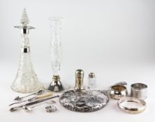 A selection of silver and plated items, silver mounted glass bottle and other items