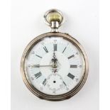 An open face pocket watch. White circular dial with roman numerals and floral design.