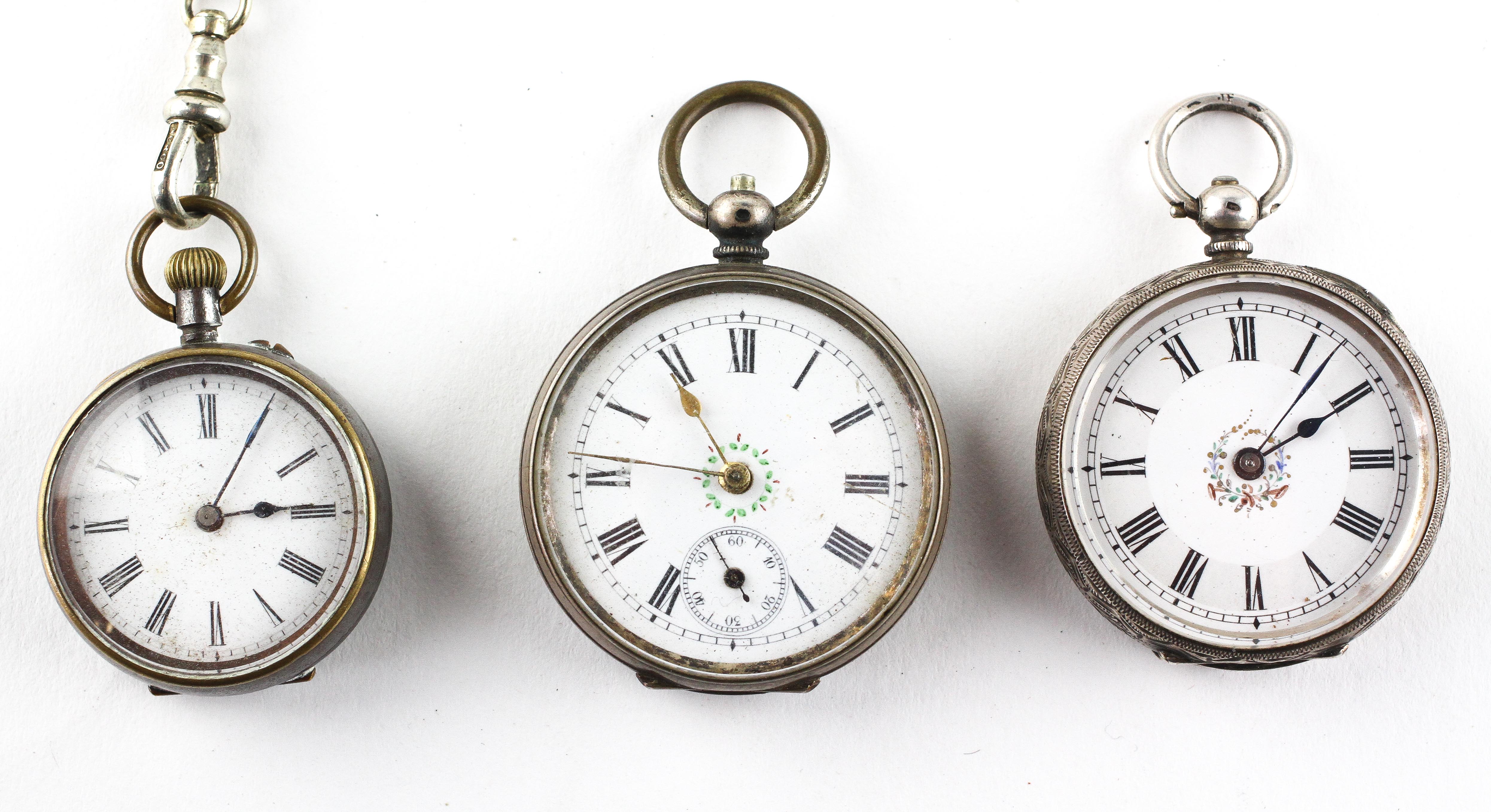 silver 0.935 open face pocket watch together with two base metal pocket watches
