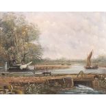 Braille, oil on canvas, Continental view of sailing boats before a dam, signed lower left, framed,