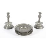 A collection of pewter plates and dishes, 19th century, stamped X & Crown marks,
