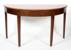 A George III mahogany demi-lune table, with ebony and satinwood stringing to frieze,