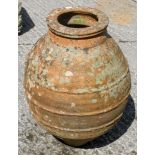 A terracotta olive oil amphora shaped garden urn, with banded decoration,
