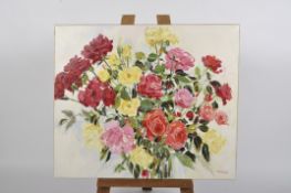 Romey Brough, oil on canvas, pink, red and yellow roses on a white ground,