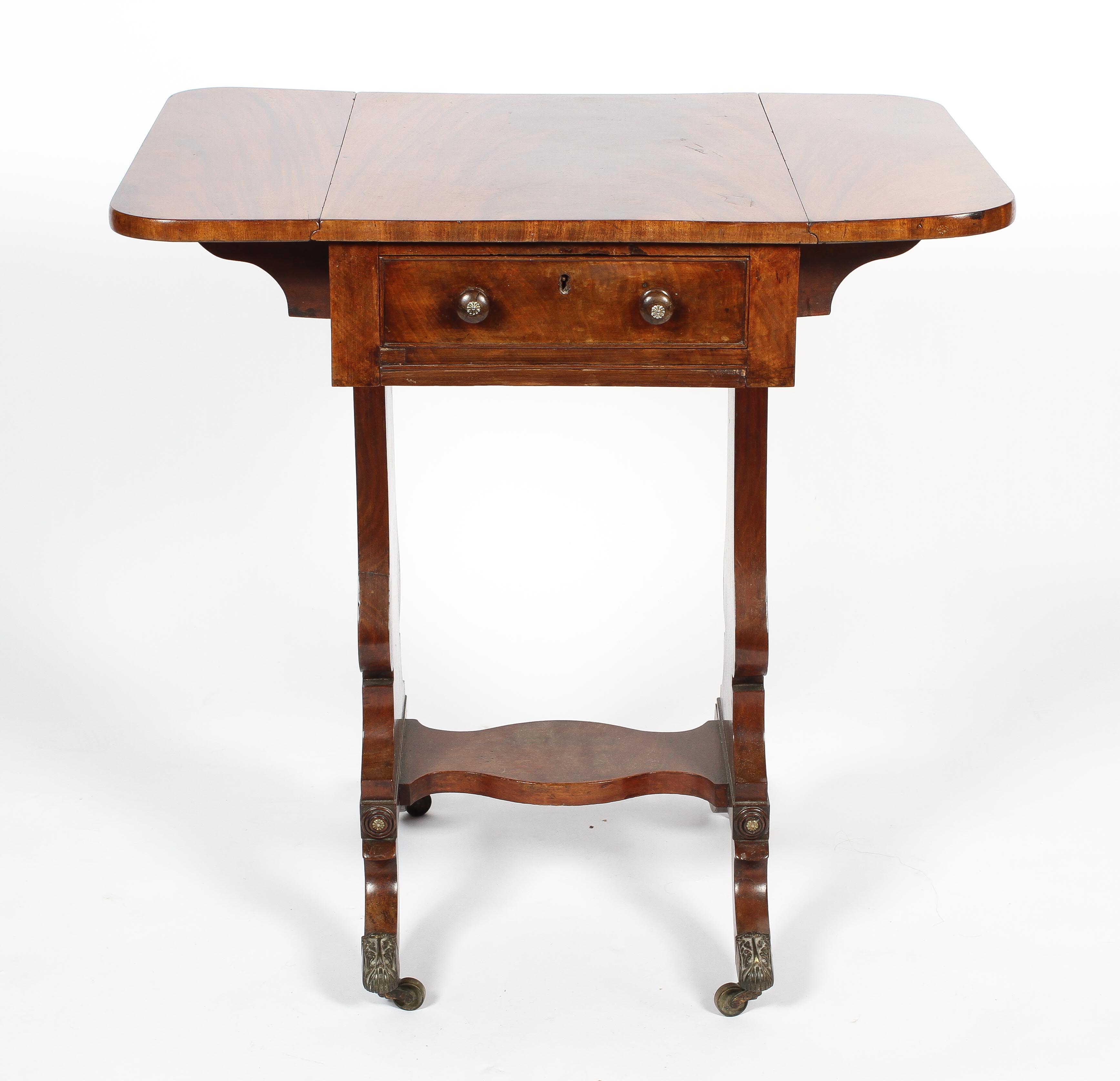 A 19th century mahogany work table, with folding top above a frieze drawer, on lyre shaped supports, - Image 2 of 2