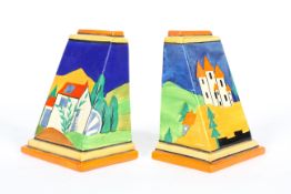 A pair of Clarice Cliff Bizarre 'Applique' 'Blue Lucerne' pattern book ends,