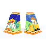 A pair of Clarice Cliff Bizarre 'Applique' 'Blue Lucerne' pattern book ends,