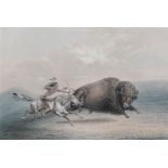 After George Catlin, Native American on horseback hunting a buffalo, colour lithograph,