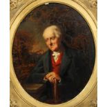 19th century school, oval portrait of a man, seated leaning on a table in tree landscape,