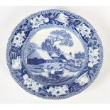 An early 19th century Rogers blue and white plate printed with stags and a cottage,