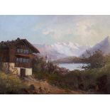 A 19th Century/Early 20th Century Swiss school chalet in a landscape with lake beyond, oil on panel,